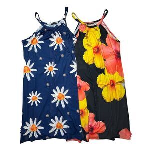 2 Lily Firmiana Halter Pullover Dresses LOT Womens 1XL Daisies Hibiscus Comfy EC